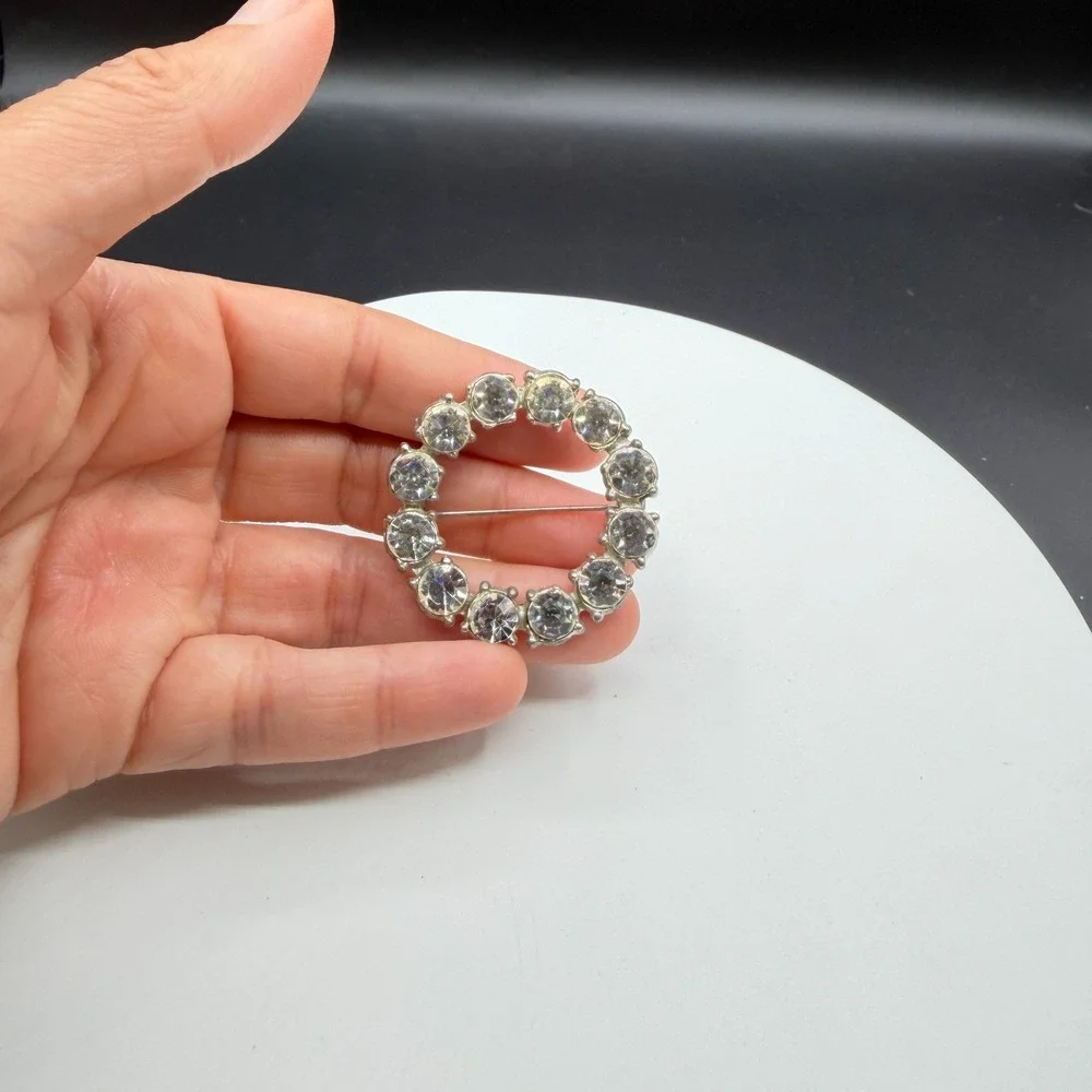 Clear Rhinestone Silver Tone Round Wreath Brooch Pin Bridal Statement Glam Gift